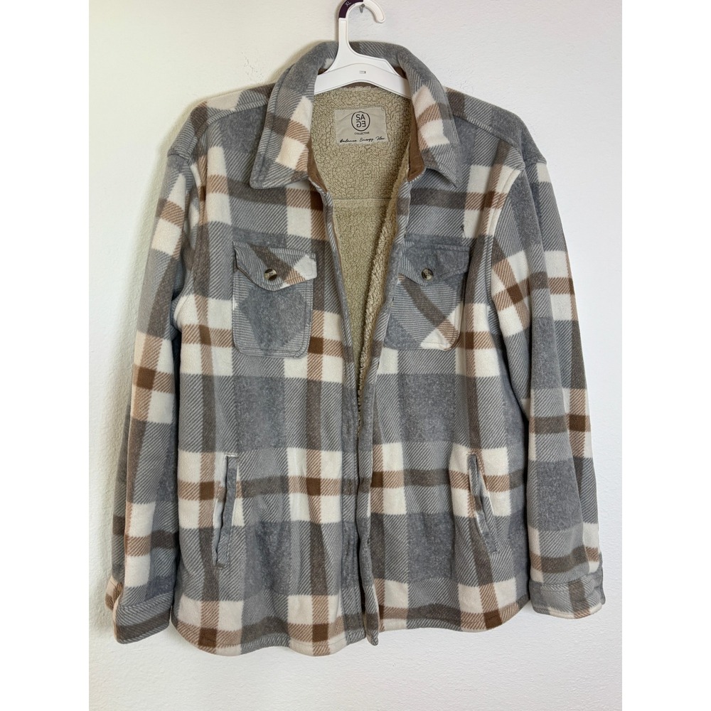 Sage Collective Plaid Fleece Shirt Jacket Sherpa Lined Grey Brown XL 1535379